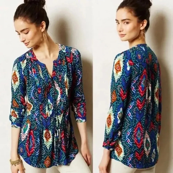Anthropologie Maeve Topoxe Dropwaist Ikat Blouse Drawstring Waist | Women's 4 - Picture 1 of 7